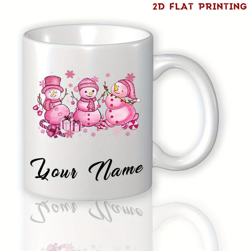 Tailorly White Ceramic 11 oz Mug - Your Name Three Pink Cheerful Snowmen Wearing Hats And Scarves Among Festive Gifts Snowman