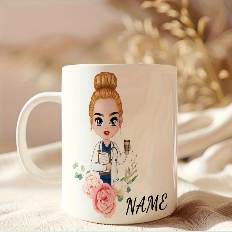 Tailorly White Ceramic 11 oz Mug - Name Professional Cartoon Female Doctor Wearing Medical Lab Coat Holding Coffee Cup Doctor