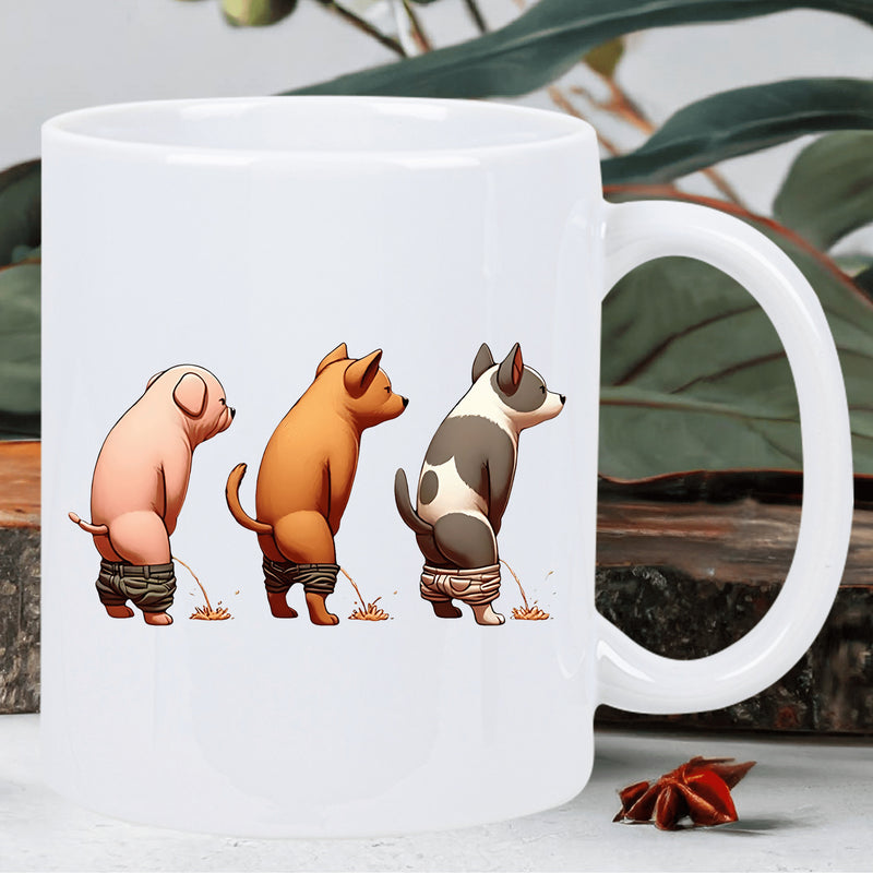 Tailorly White Ceramic 11 oz Mug - Funny Three Cartoon Animals Standing Together With Their Pants Down Dog