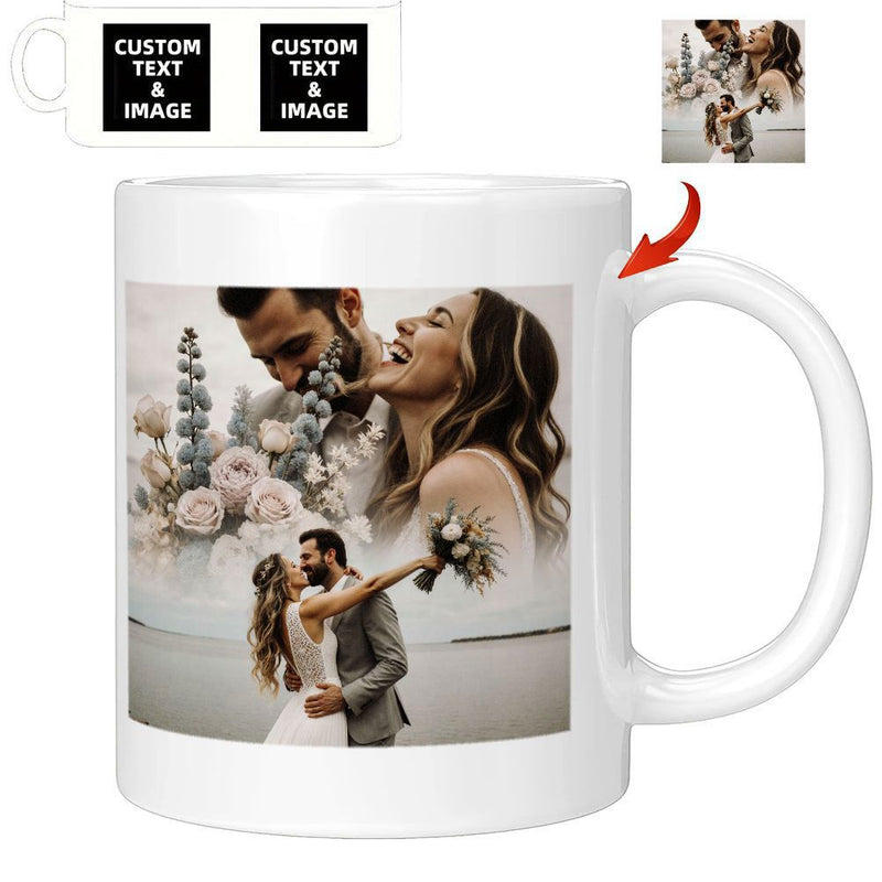 Tailorly White Ceramic 11 oz Mug - Custom Text And Image Romantic Wedding Couple Embracing Each Other Surrounded By Flowers Portrait