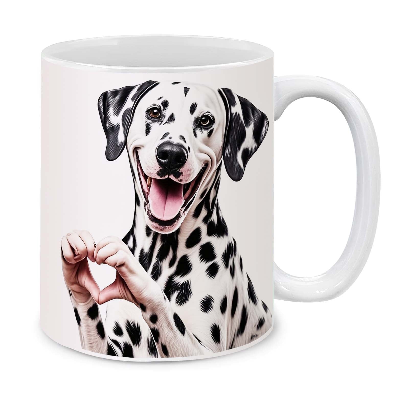 Tailorly White Ceramic 11 oz Mug - Smiling Spotted Canine Making Heart Shape With Paws Realistic Dalmatian