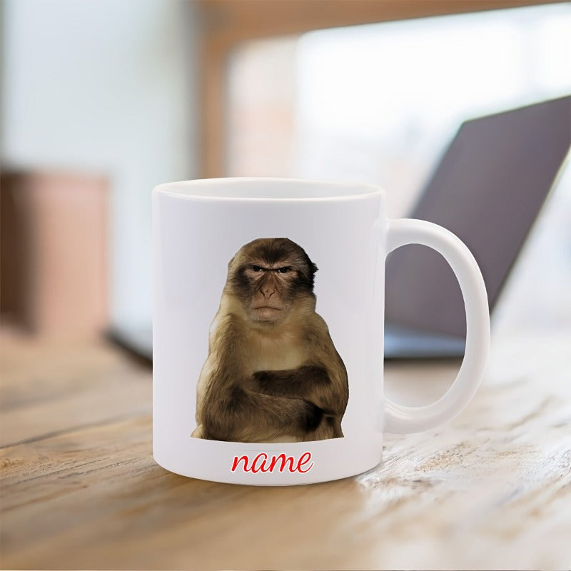 Tailorly White Ceramic 11 oz Mug - Name Realistic Grumpy Primate Sitting With Crossed Arms And Stern Expression Monkey