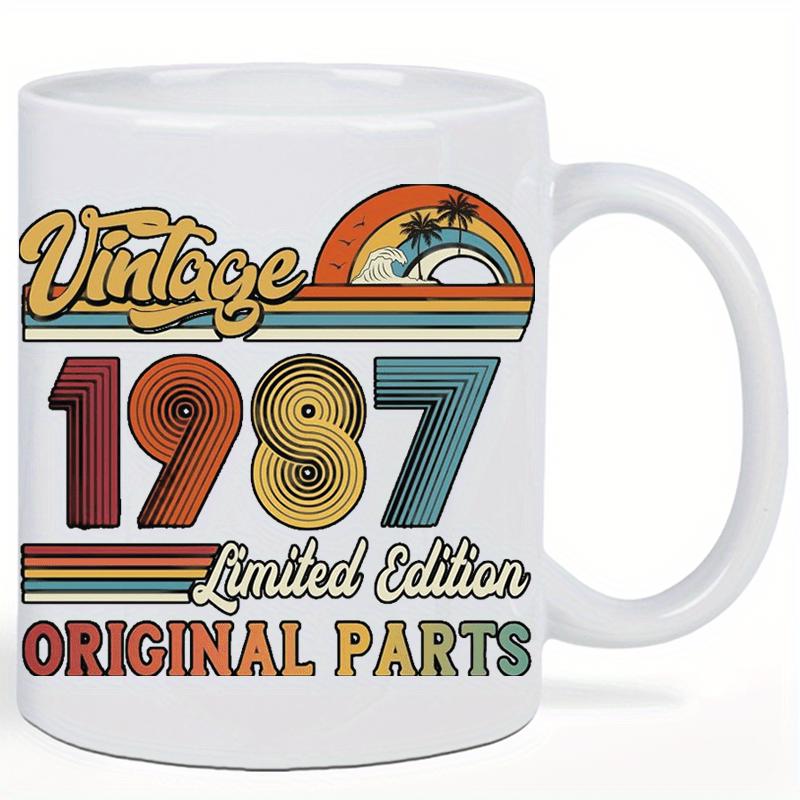 Tailorly White Ceramic 11 oz Mug - Vintage 1987 Limited Edition Original Parts Colorful Retro Sunset With Tropical Palm Trees And Parallel Striped Lines Mug