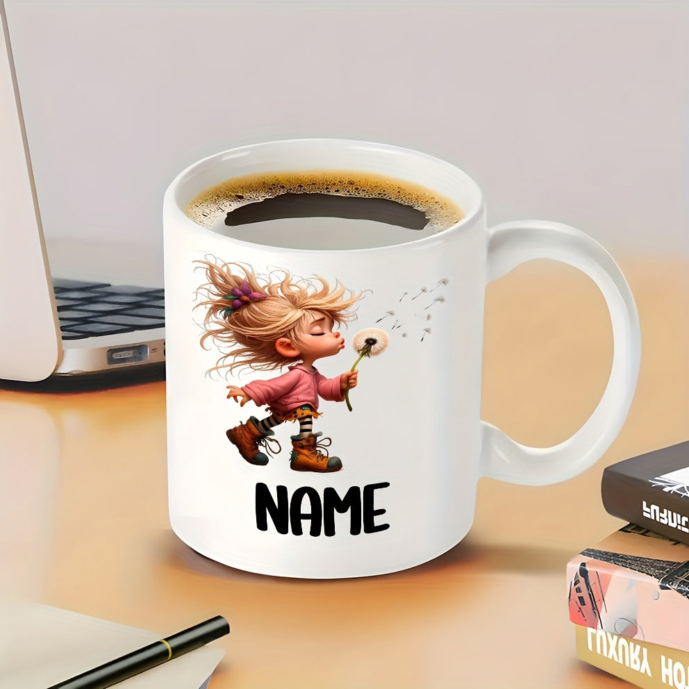 Tailorly White Ceramic 11 oz Mug - Name Whimsical Child With Wild Hair Blowing Seeds Of A Golden Dandelion Girl
