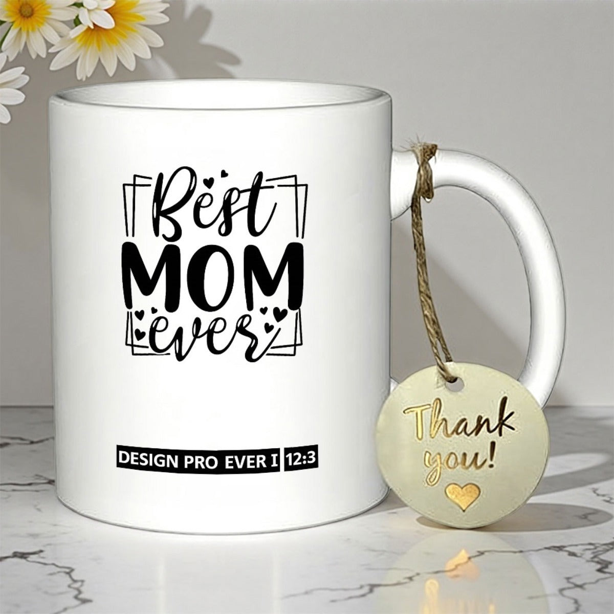 Tailorly White Ceramic 11 oz Mug - Best Mom Ever Thank You Minimalist White Ceramic With Decorative Small Hearts And Hanging Wooden Tag Mug
