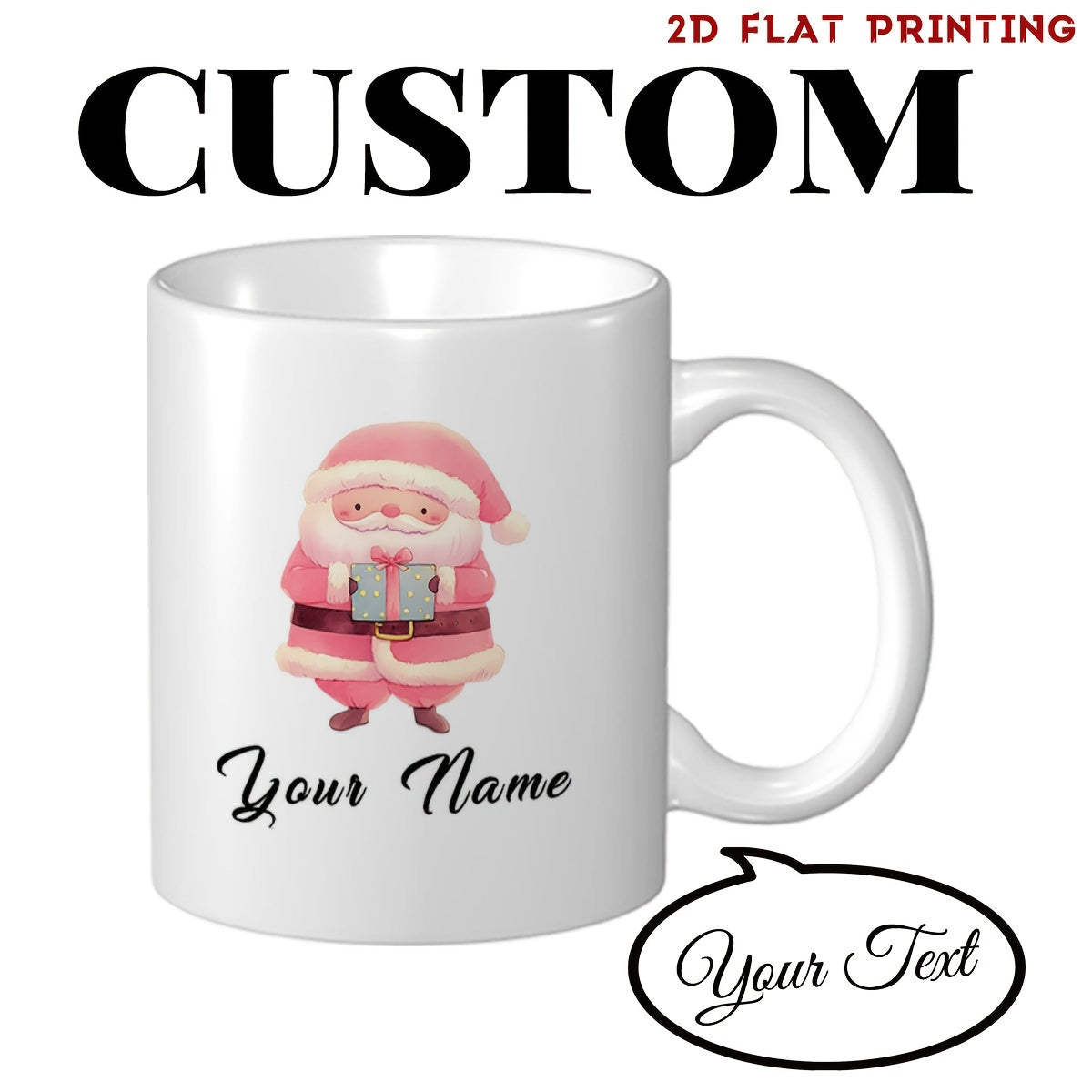 Tailorly White Ceramic 11 oz Mug - Your Name Cute Watercolor Pink Suit Character Holding A Small Wrapped Present Santa Claus