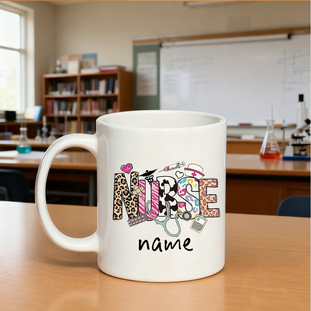 Tailorly White Ceramic 11 oz Mug - Nurse Medical Symbols Featuring Leopard Print Text And Stethoscope Icon Nurse