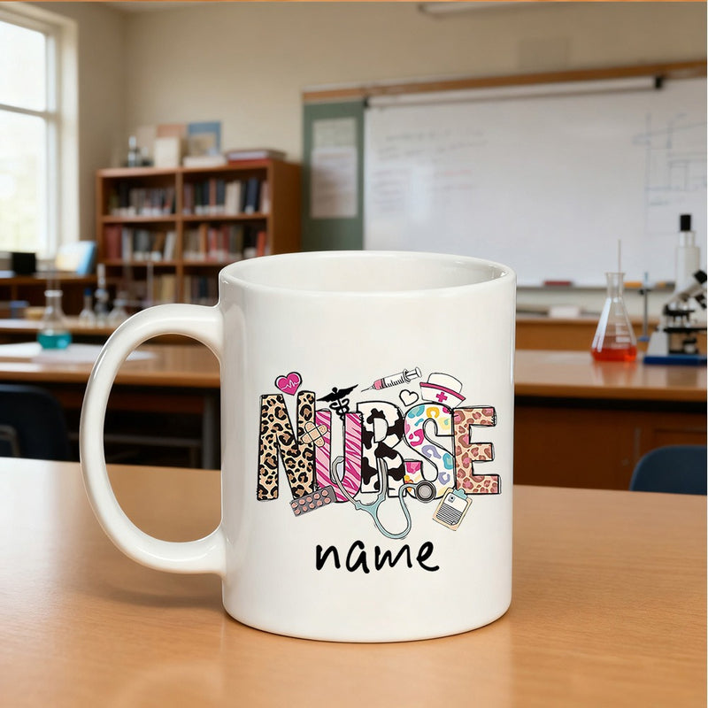Tailorly White Ceramic 11 oz Mug - Nurse Medical Symbols Featuring Leopard Print Text And Stethoscope Icon Nurse