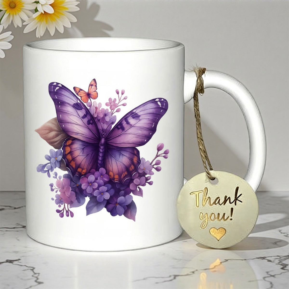 Tailorly White Ceramic 11 oz Mug - Vibrant Purple Butterfly Resting Among Soft Lavender Flowers And Green Foliage Butterfly