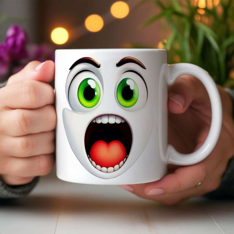 Tailorly White Ceramic 11 oz Mug - Shocked Cartoon Face With Large Green Eyes And Wide Open Mouth Expression