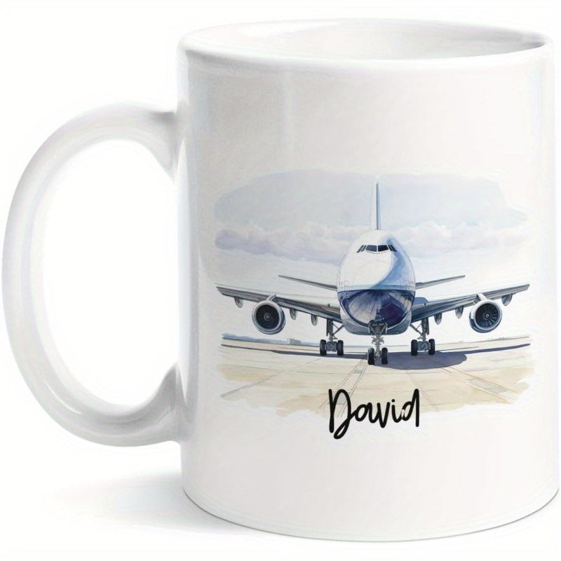 Tailorly White Ceramic 11 oz Mug - David Detailed Watercolor Commercial Jet Sitting On A Sunlit Paved Runway Airplane