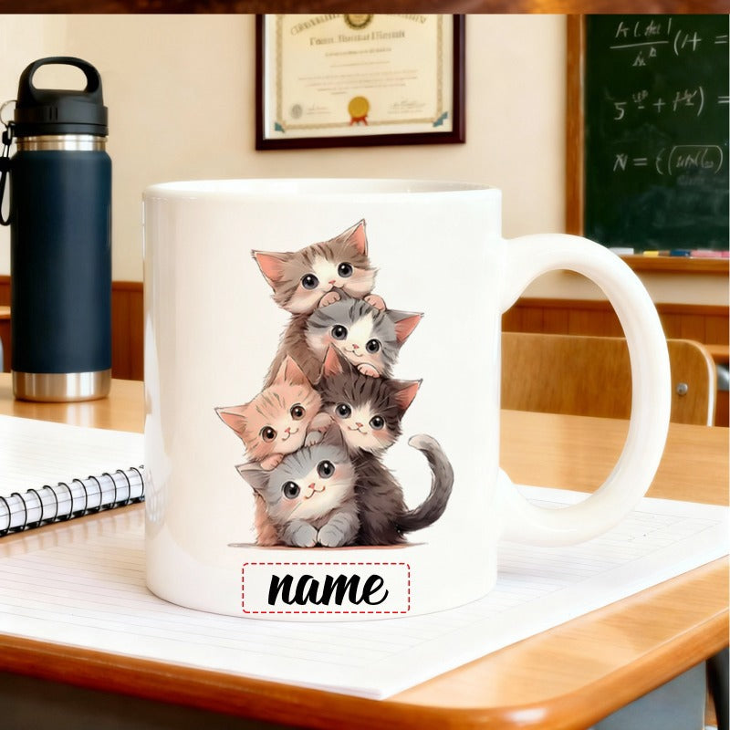 Tailorly White Ceramic 11 oz Mug - Name Five Adorable Fluffy Kittens Stacked Together In A Playful Vertical Arrangement Kittens