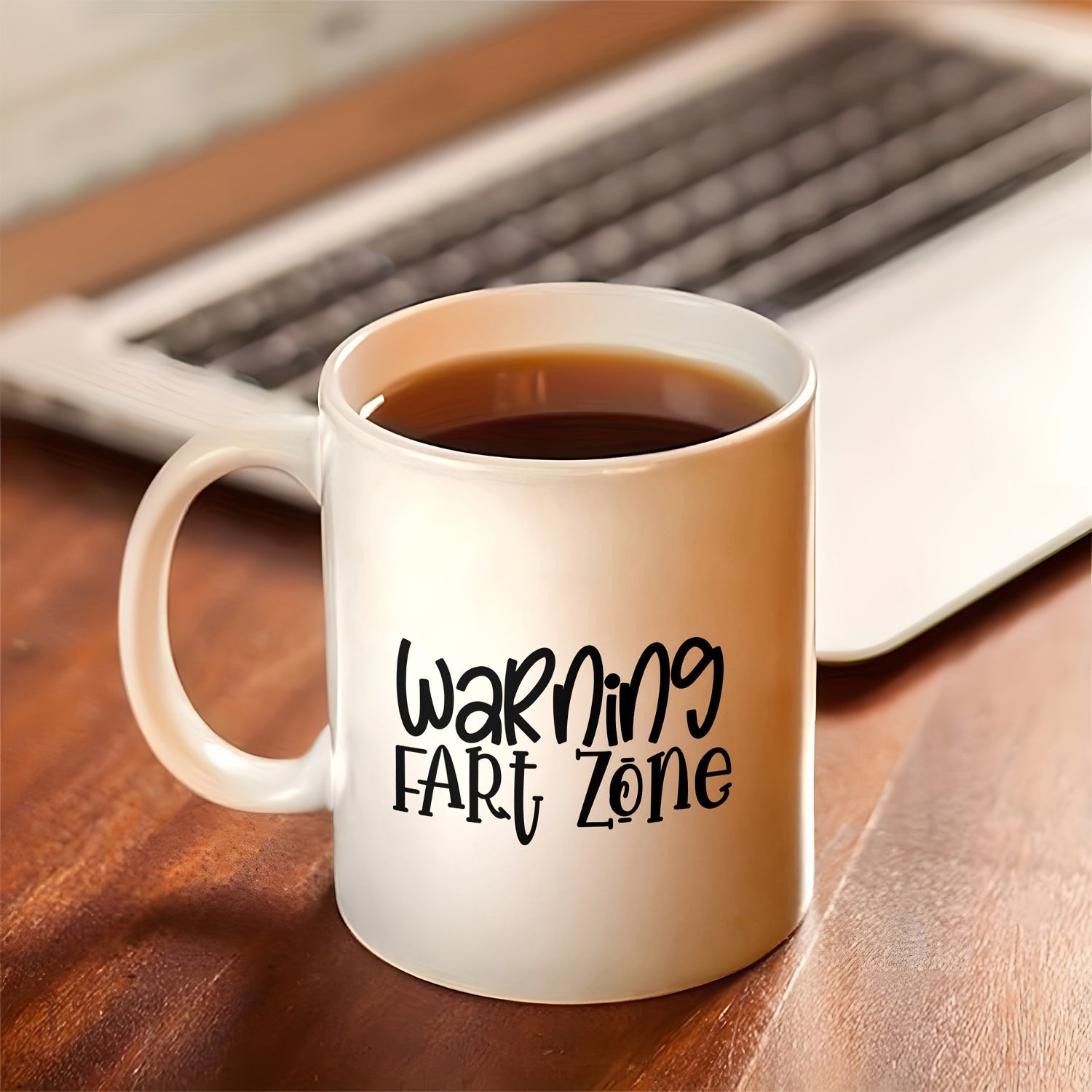 Tailorly White Ceramic 11 oz Mug - Warning Fart Zone Minimalist White Ceramic Coffee Cup Sitting On A Polished Wooden Desk Mug