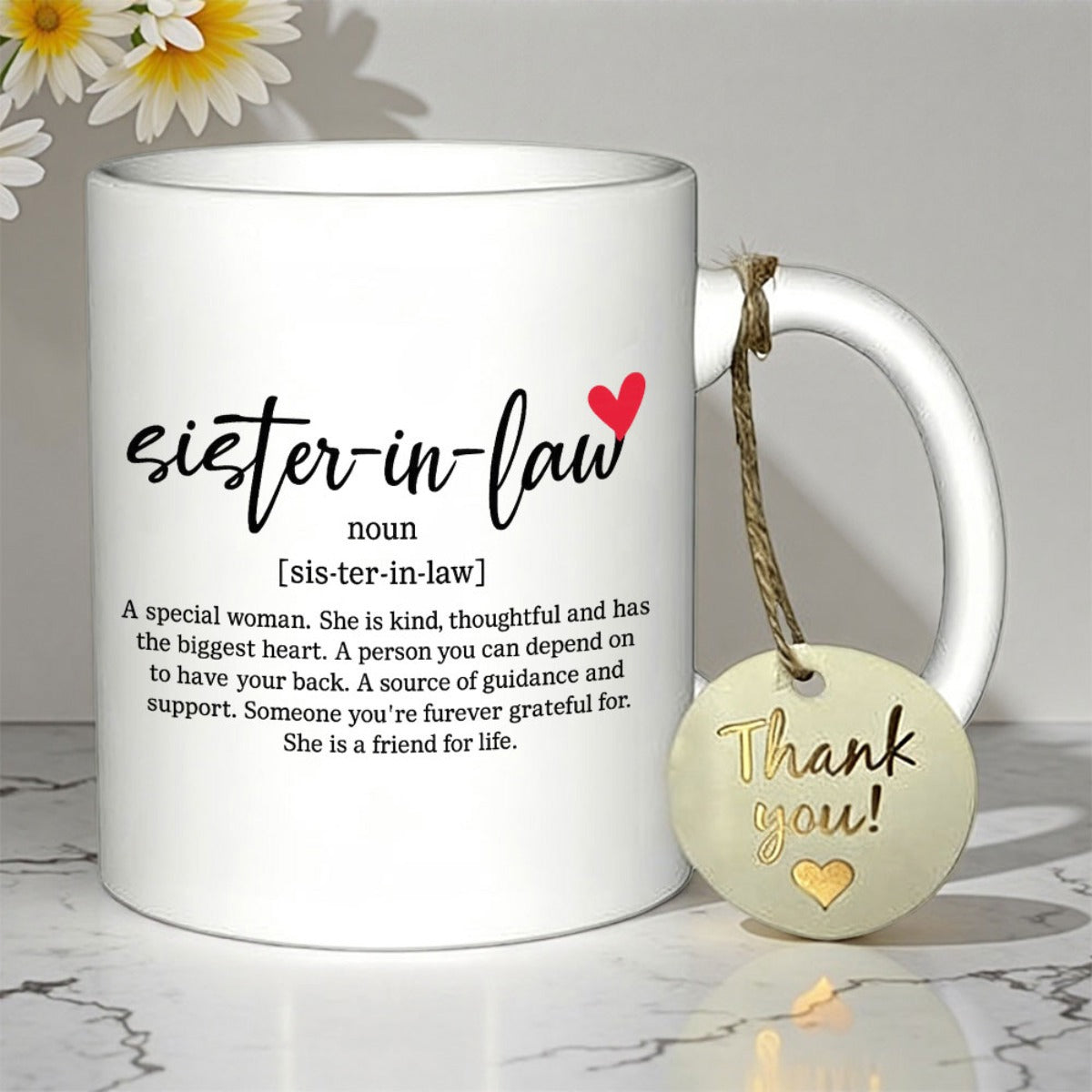 Tailorly White Ceramic 11 oz Mug - Sister In Law Minimalist With Creative Script Lettering Red Heart