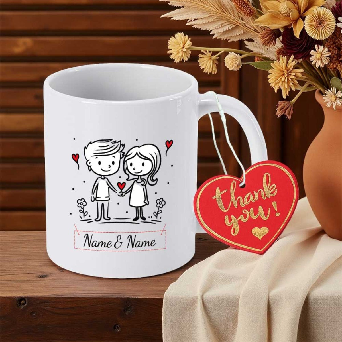 Tailorly White Ceramic 11 oz Mug - Name And Name Sweet Hand Drawn Cartoon Characters Holding Hands Among Tiny Floating Red Hearts Couple