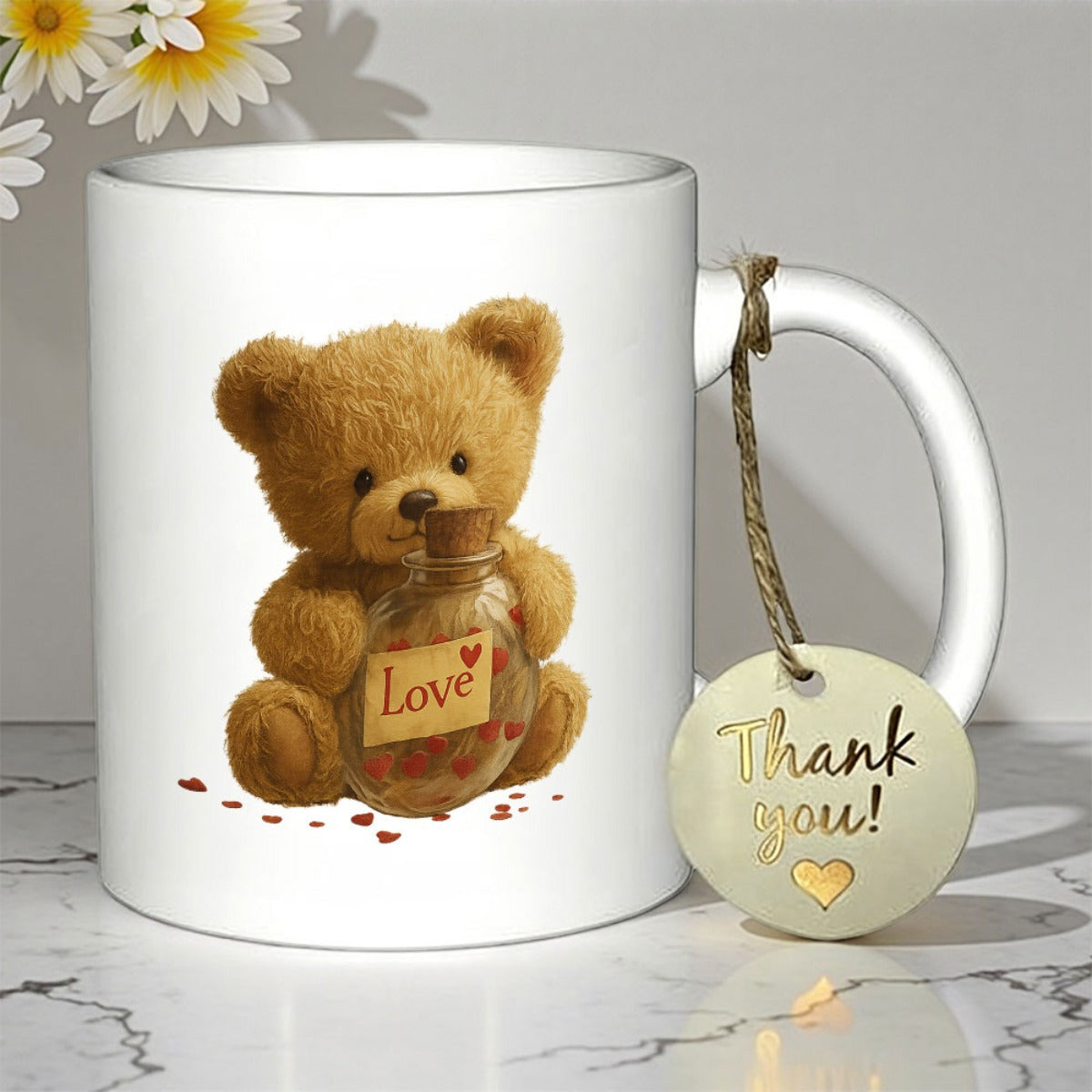 Tailorly White Ceramic 11 oz Mug - Love Adorable Fluffy Brown Stuffed Animal Holding Jar Of Hearts Bear