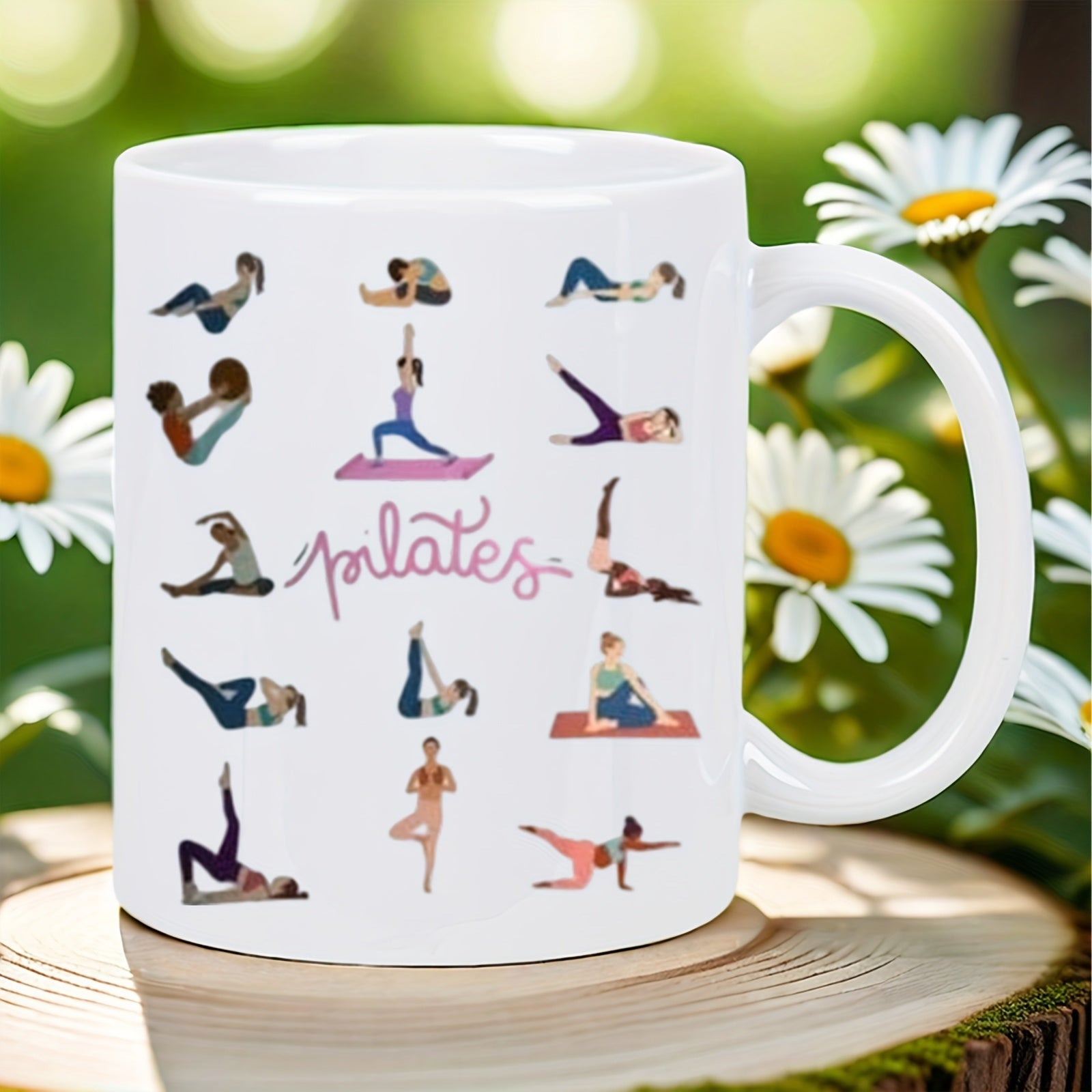 Tailorly White Ceramic 11 oz Mug - Pilates Minimalist Female Silhouettes Performing Various Stretching Fitness Poses In Grid Mug