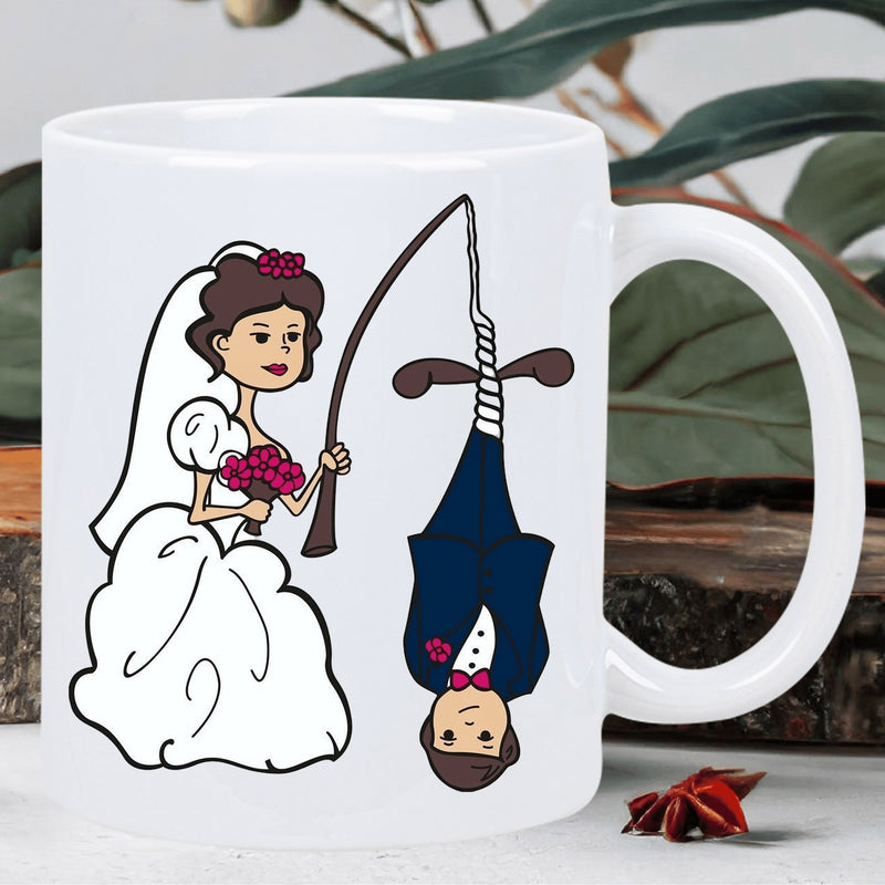 Tailorly White Ceramic 11 oz Mug - Cartoon Illustration Of A Bride Fishing For Her Groom Upside Down Couple