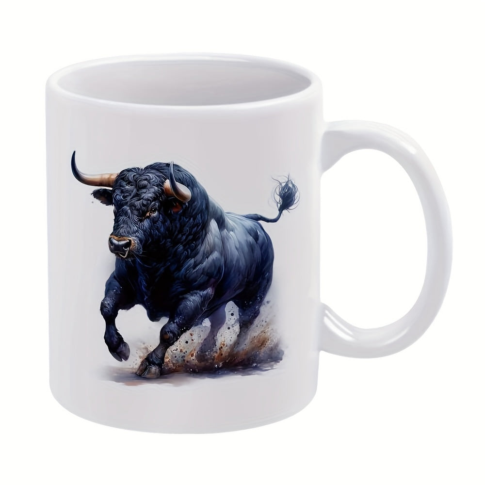 Tailorly White Ceramic 11 oz Mug - Powerful Muscular Charging Animal Kicking Up Dust With Sharp Horns Bull