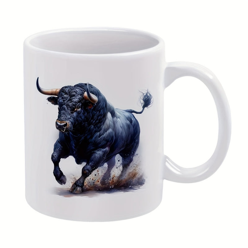 Tailorly White Ceramic 11 oz Mug - Powerful Muscular Charging Animal Kicking Up Dust With Sharp Horns Bull