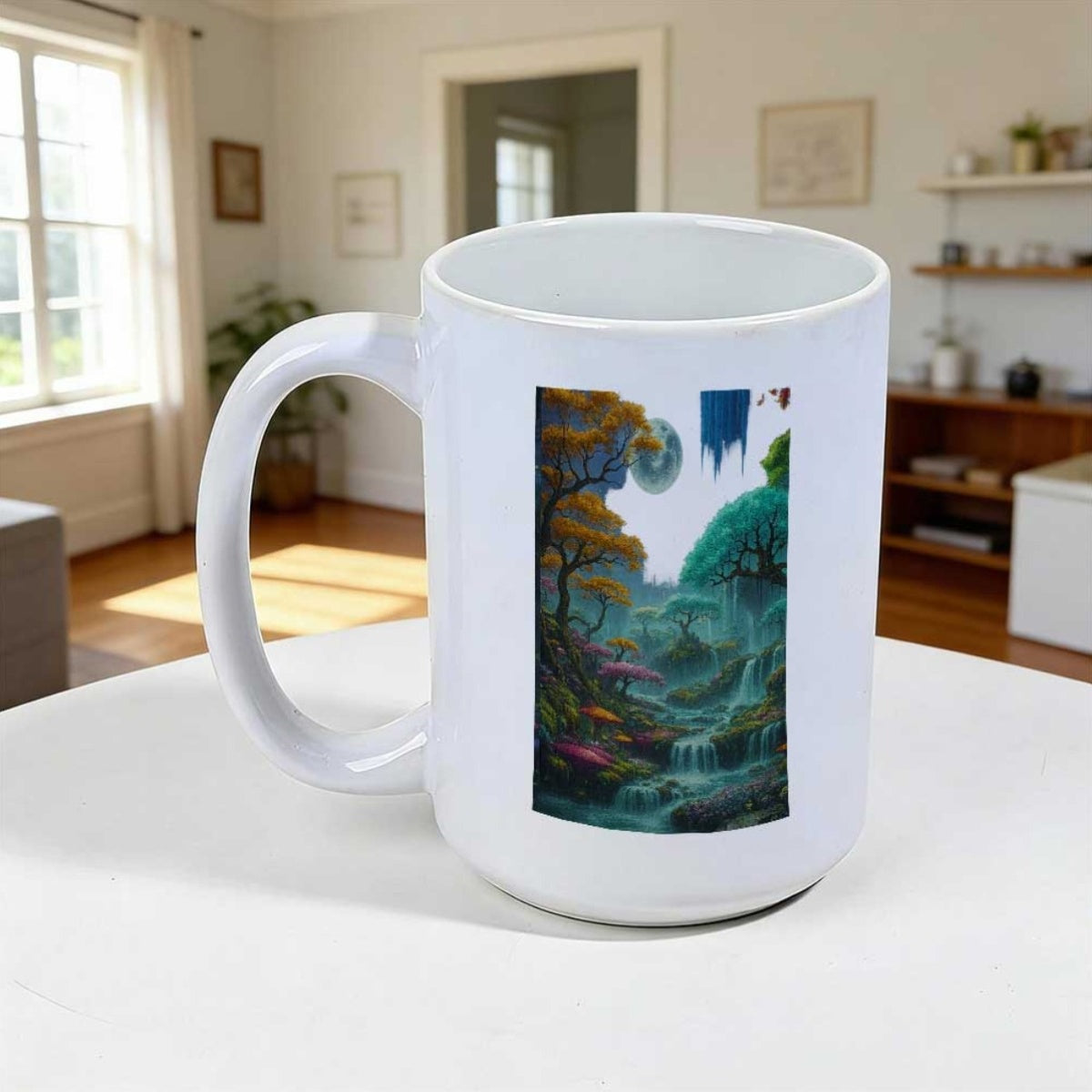 Tailorly White Ceramic 11 oz Mug - Mystical Lush Forest With Cascading Waterfalls And Vibrant Autumn Foliage Landscape