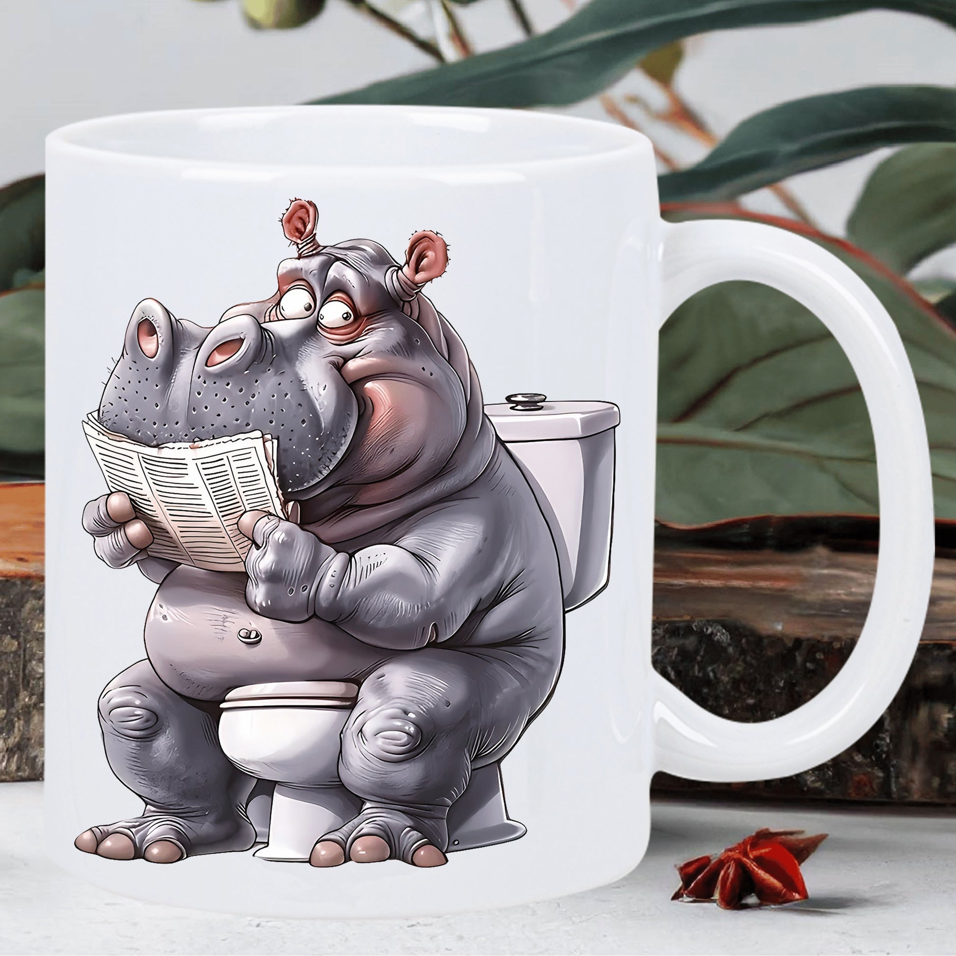 Tailorly White Ceramic 11 oz Mug - Whimsical Cartoon Character Sitting On A Porcelain Toilet Reading Newspaper Hippo
