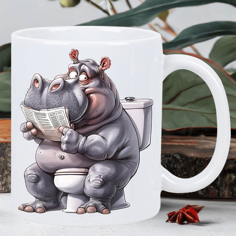 Tailorly White Ceramic 11 oz Mug - Whimsical Cartoon Character Sitting On A Porcelain Toilet Reading Newspaper Hippo