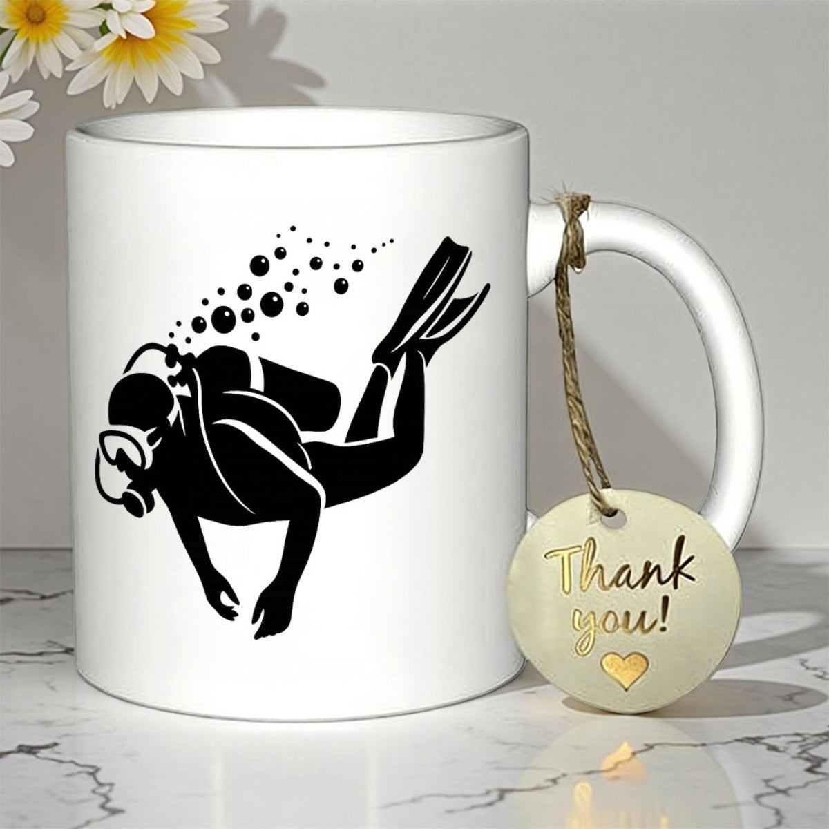 Tailorly White Ceramic 11 oz Mug - Minimalist Black Silhouette Swimming Underwater With Graceful Rising Air Bubbles Diver