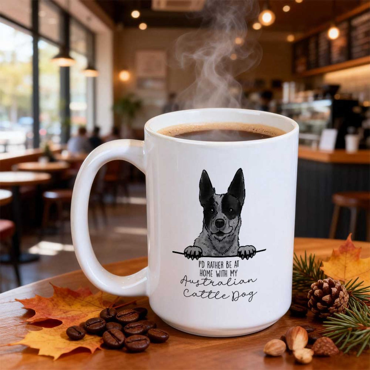 Tailorly White Ceramic 11 oz Mug - Id Rather Be At Home With My Australian Cattle Dog Detailed Realistic Blue Heeler Peeking Over A Simple Straight Line Dog