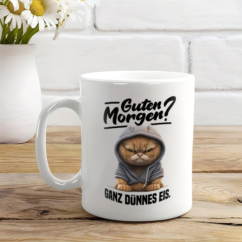 Tailorly White Ceramic 11 oz Mug - Grumpy Ginger Character Wearing Grey Hoodie Looking Very Annoyed Sitting Cat