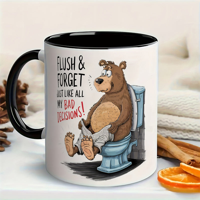 Tailorly Black Accent 11 oz Mug - bear sitting on toilet holding sign with text
