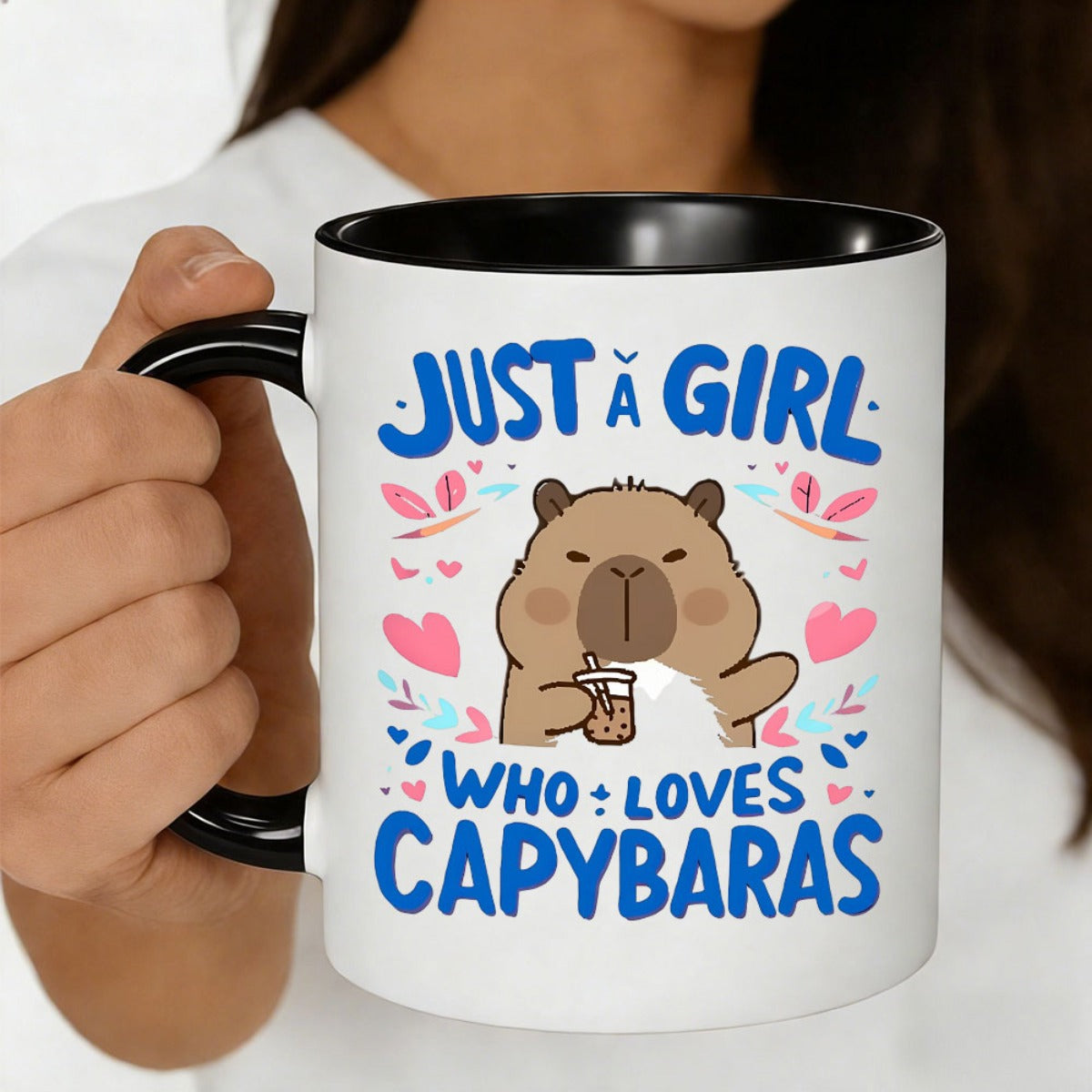 Tailorly Black Accent 11 oz Mug - capybaras with cute capybara drinking boba heart