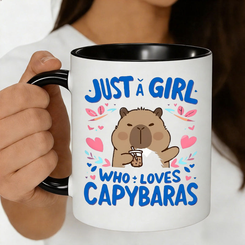 Tailorly Black Accent 11 oz Mug - capybaras with cute capybara drinking boba heart