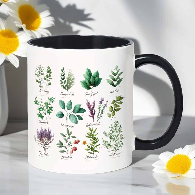 Tailorly Black Accent 11 oz Mug - watercolor fresh plants