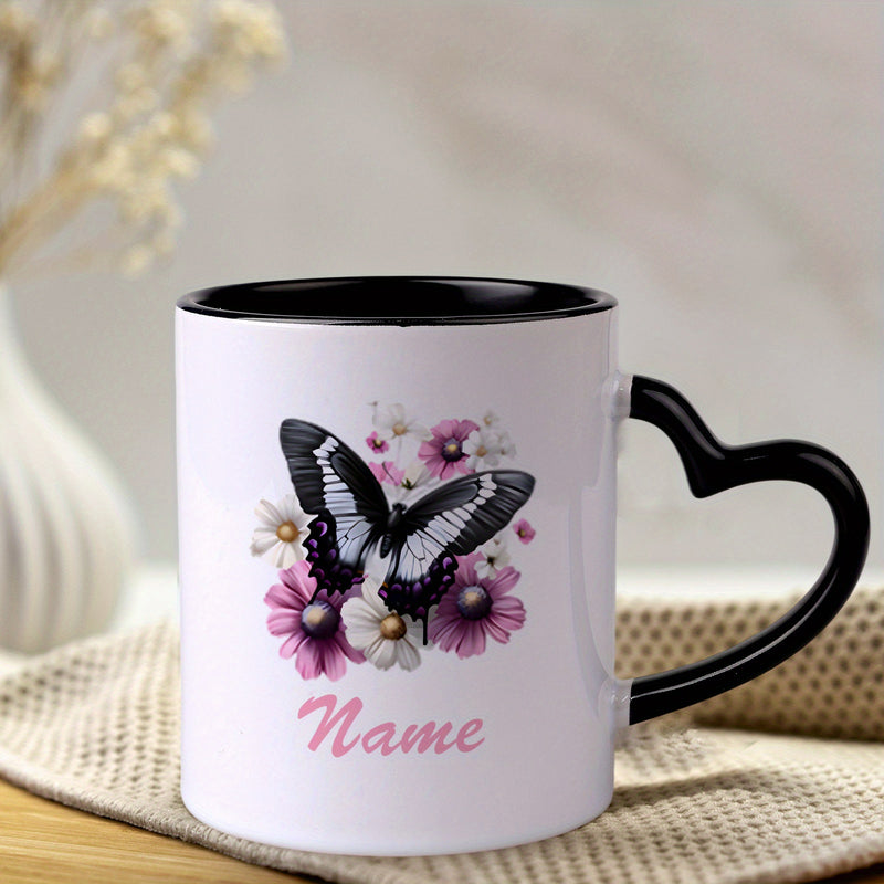 Tailorly Black Accent 11 oz Mug - flower with heart shaped handle， name， date， message