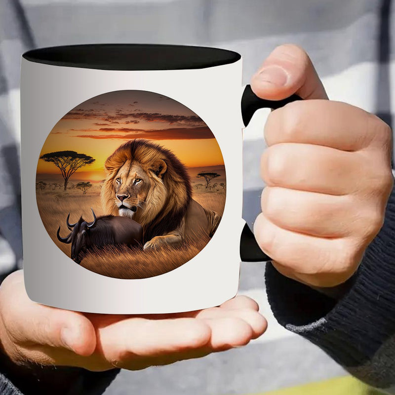 Tailorly Black Accent 11 oz Mug - african wildlife with lion and sunset