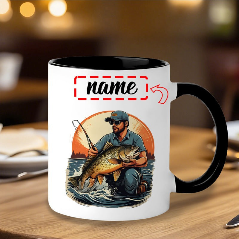 Tailorly Black Accent 11 oz Mug - angler reeling in a large fish