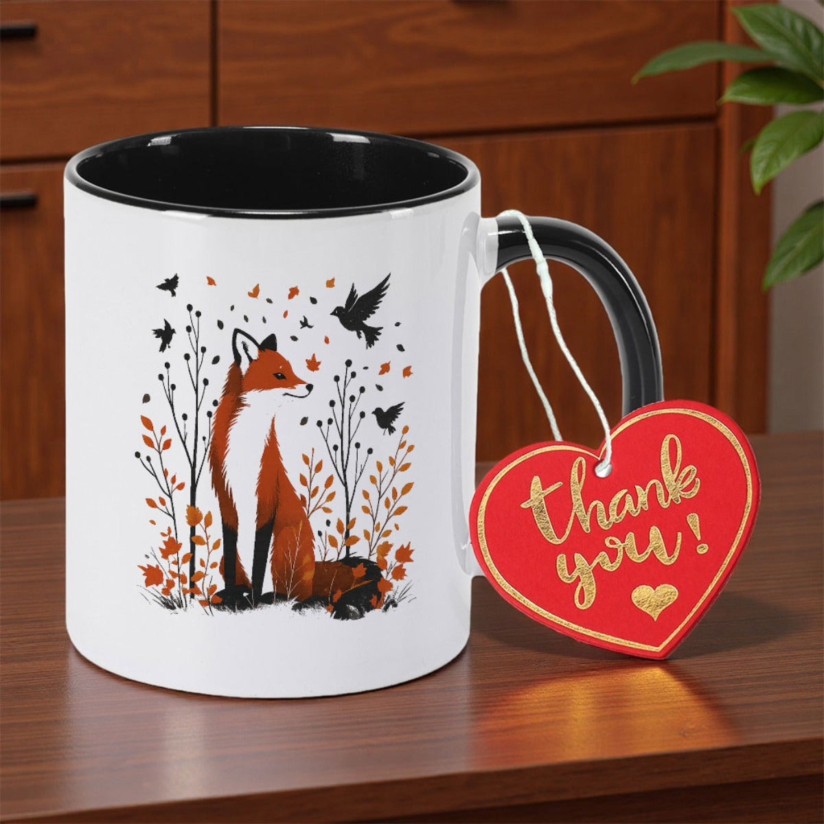 Tailorly Black Accent 11 oz Mug - autumn foxes and birds