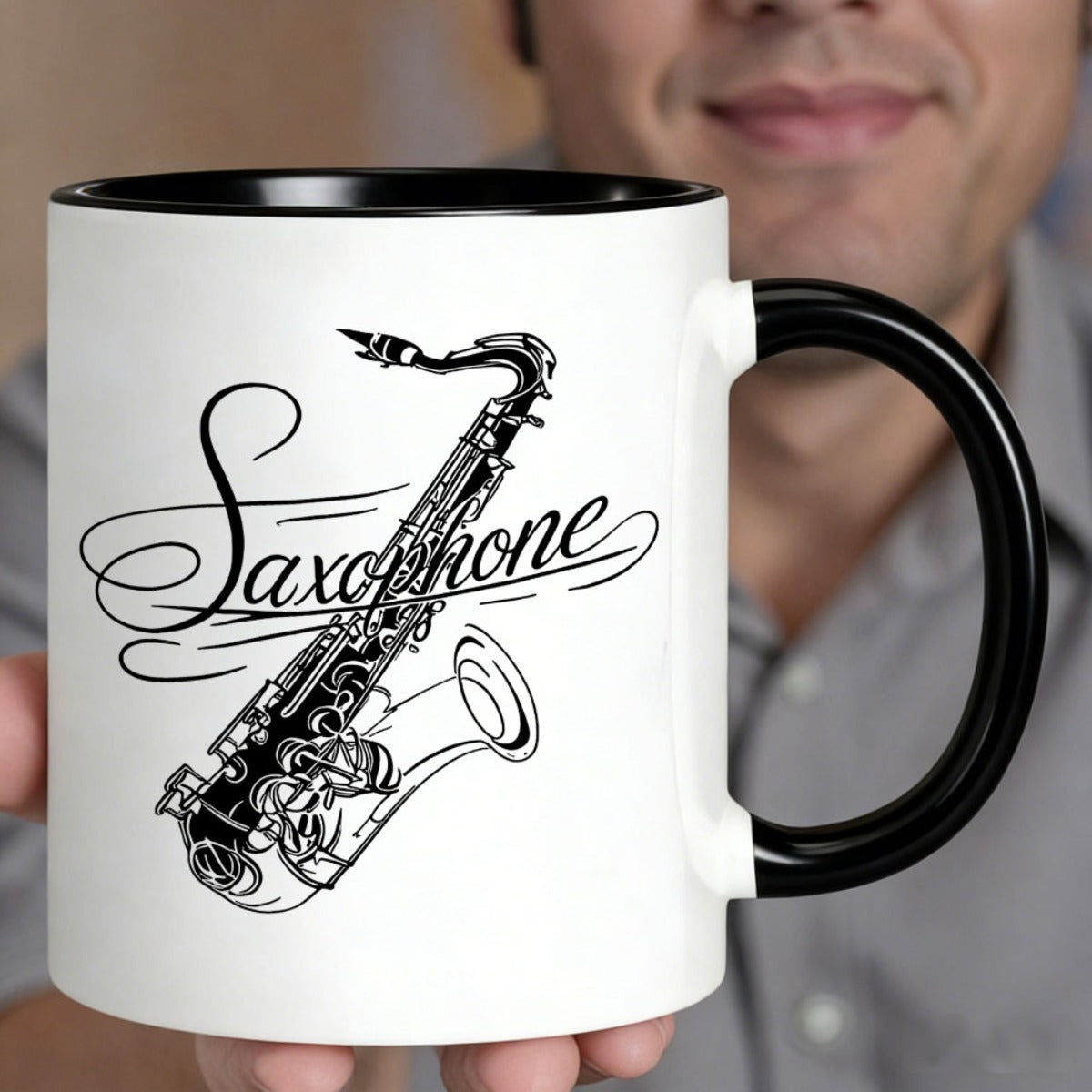 Tailorly Black Accent 11 oz Mug - saxophone sketch lettering