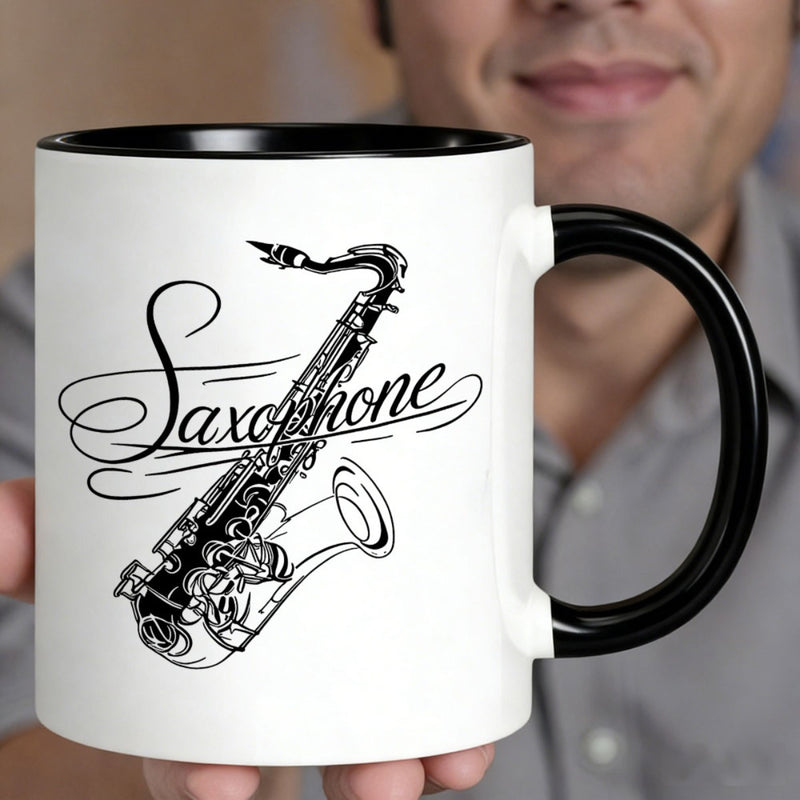Tailorly Black Accent 11 oz Mug - saxophone sketch lettering