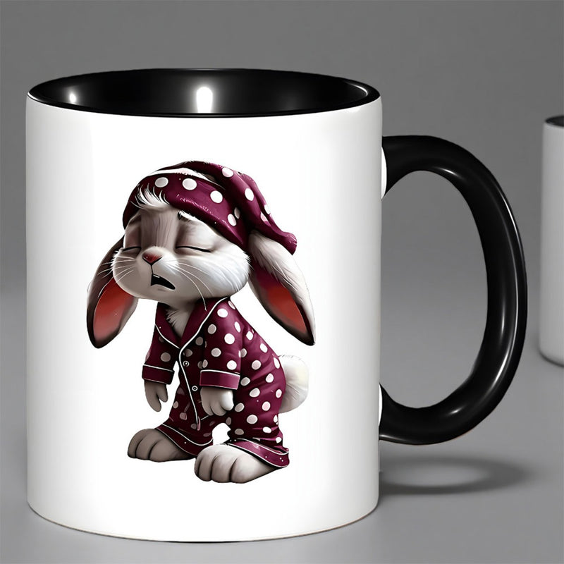 Tailorly Black Accent 11 oz Mug - cute bunny in polka dot pajamas with colorful stripes