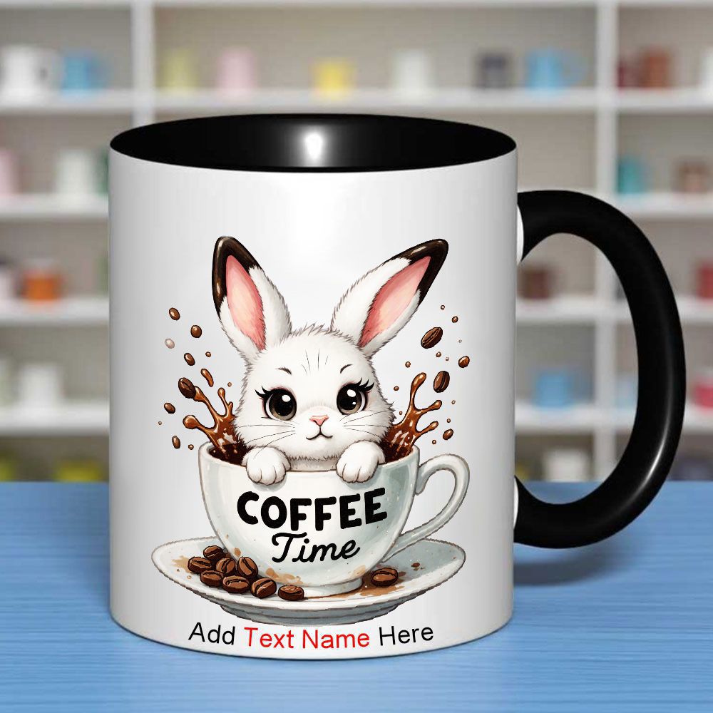 Tailorly Black Accent 11 oz Mug - white rabbit with pink ears and coffee beans