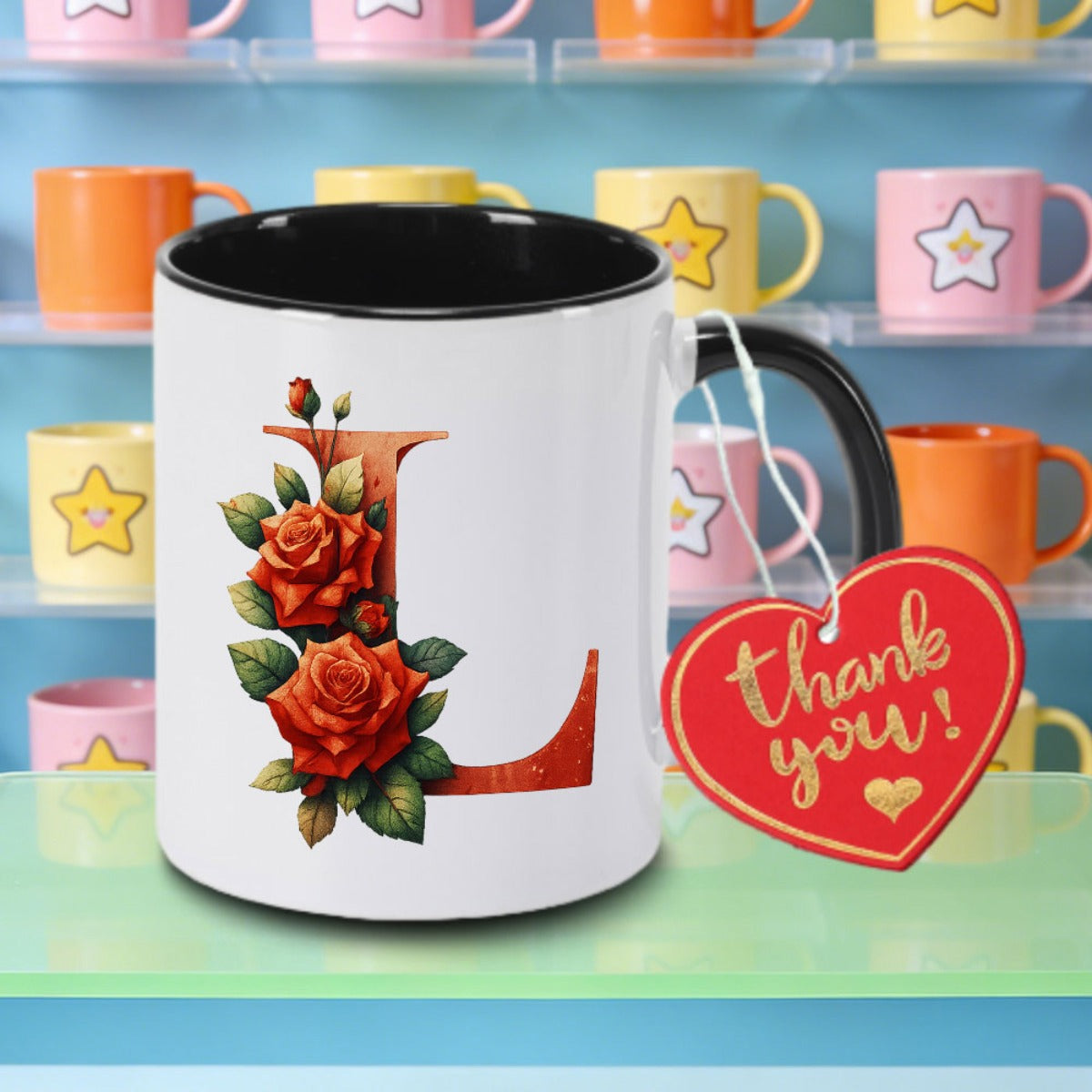 Tailorly Black Accent 11 oz Mug - red rose floral monogram