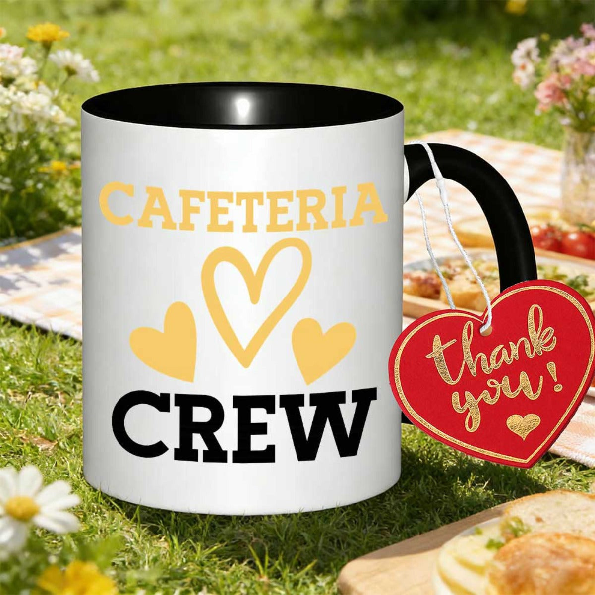 Tailorly Black Accent 11 oz Mug - black lettering yellow hearts