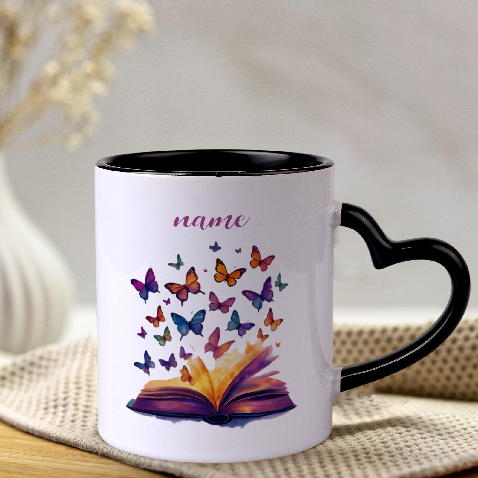 Tailorly Black Accent 11 oz Mug - heart shaped handle and book design