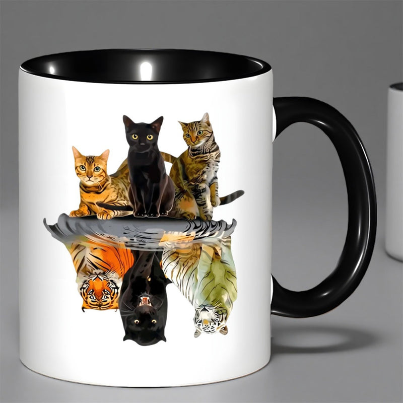 Tailorly Black Accent 11 oz Mug - tiger and cat reflection