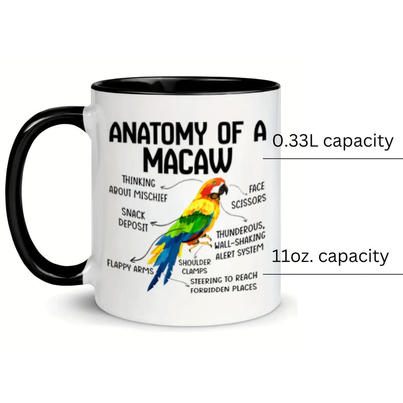Tailorly Black Accent 11 oz Mug - anatomy macaw illustration