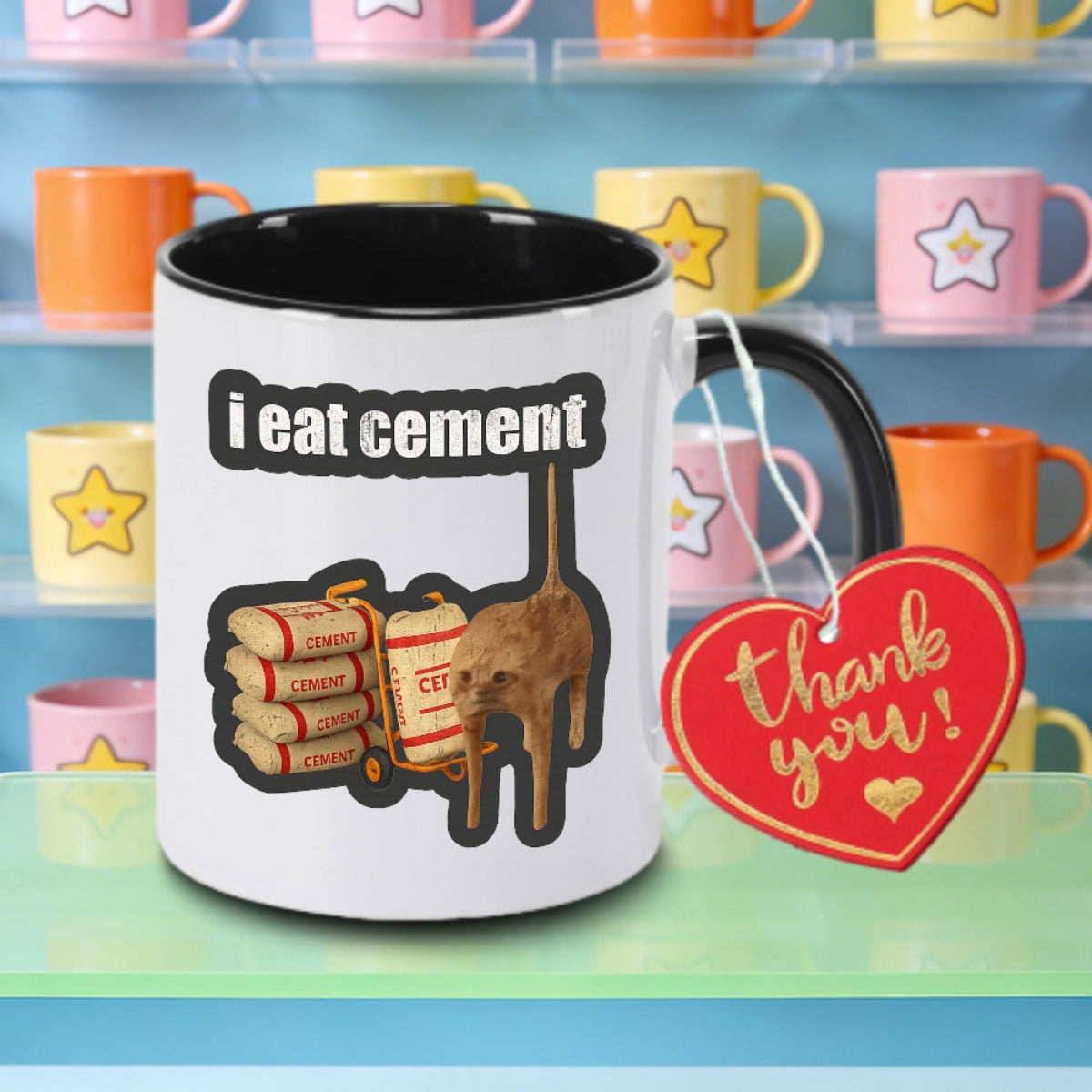 Tailorly Black Accent 11 oz Mug - funny cement cat with cement lettering
