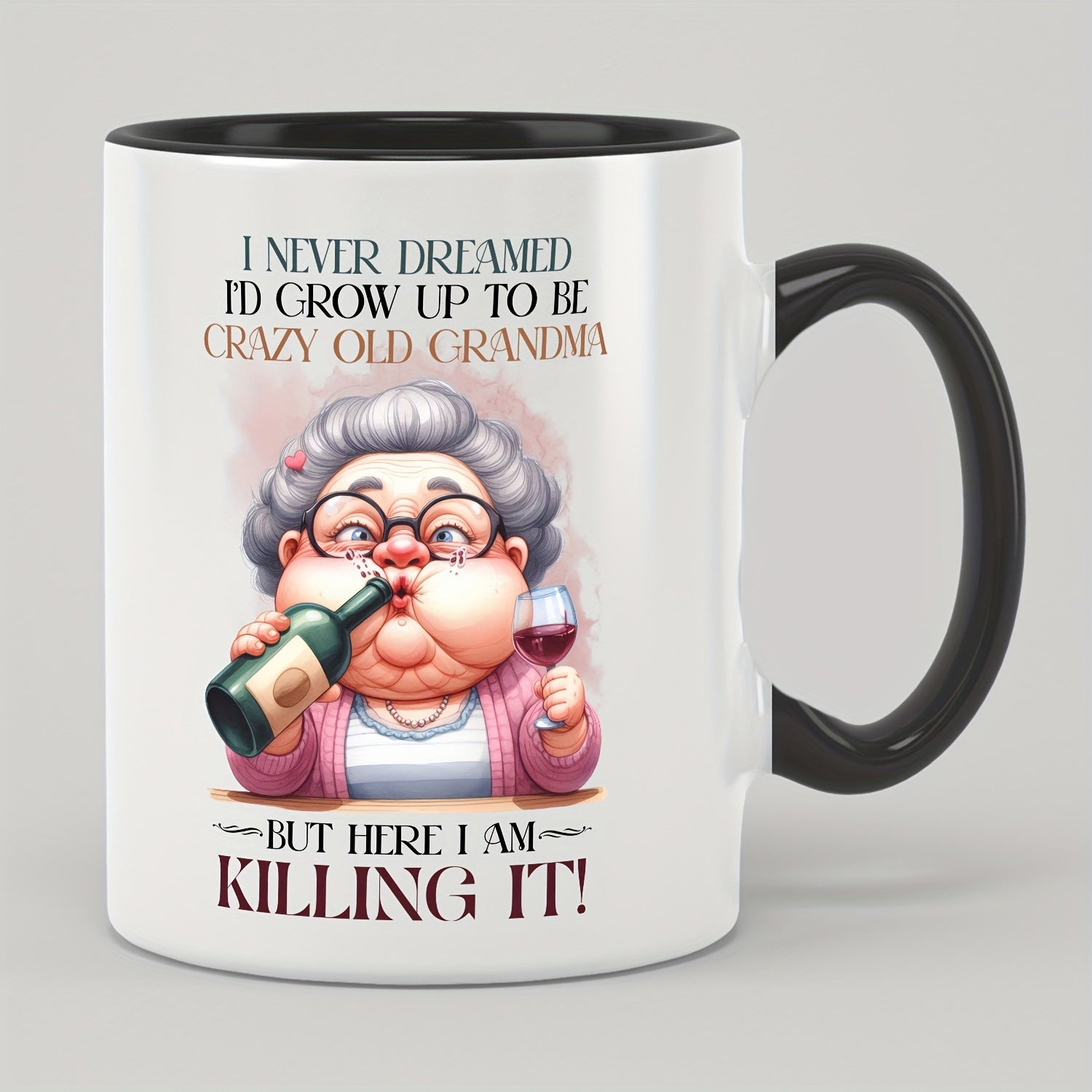 Tailorly Black Accent 11 oz Mug - crazy old grandma heat transfer design humorous double sided print