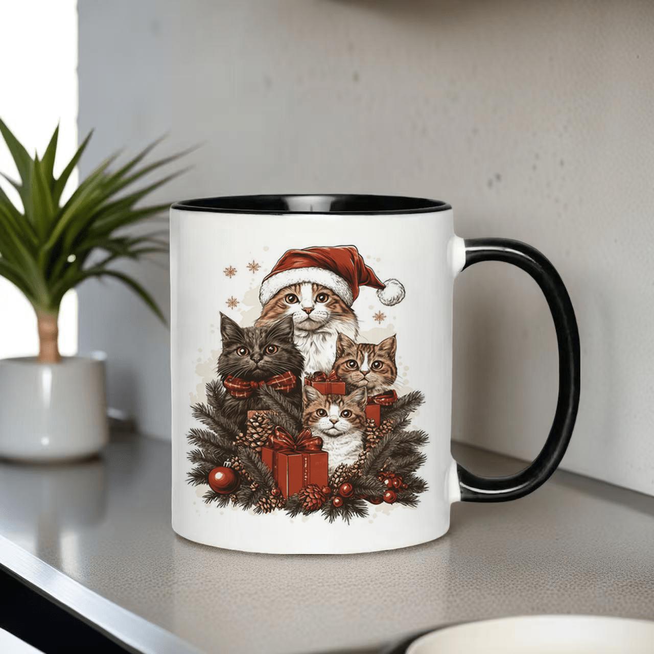 Tailorly Black Accent 11 oz Mug - christmas cat pattern